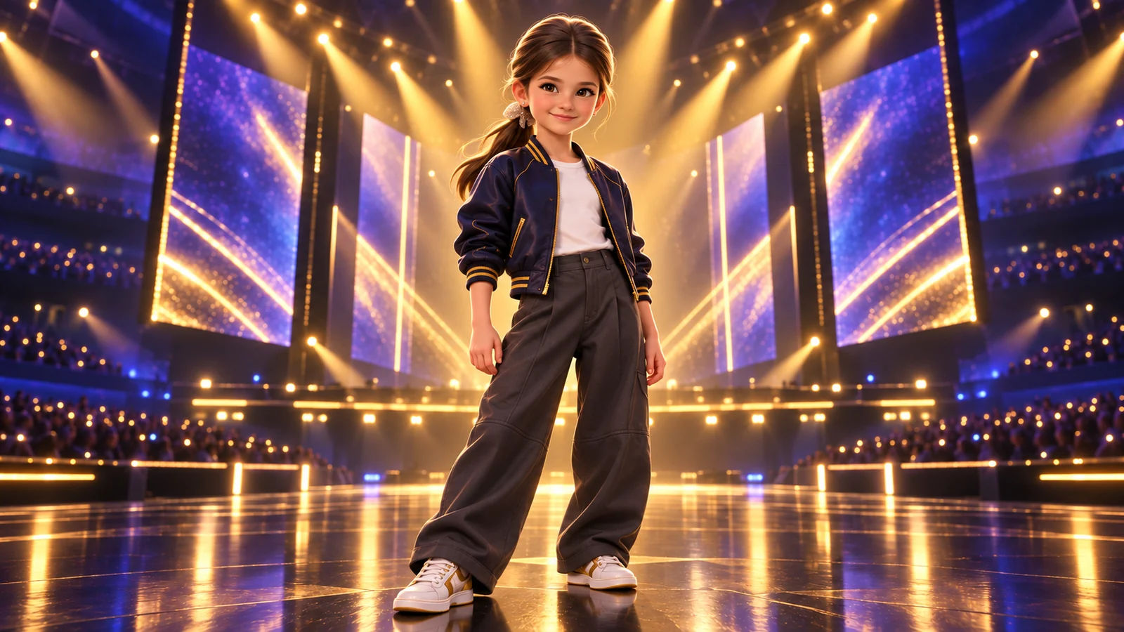 AI-generated animated character standing on a brightly lit performance stage