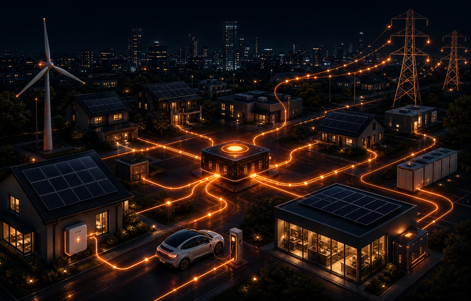 A virtual power plant connecting solar homes, batteries, electric vehicles, wind power and the electricity grid